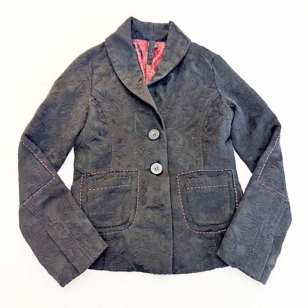 Desigual Black 2-Button Blazer Embroidered Detail Unique Stitch Size 8 / EUR38